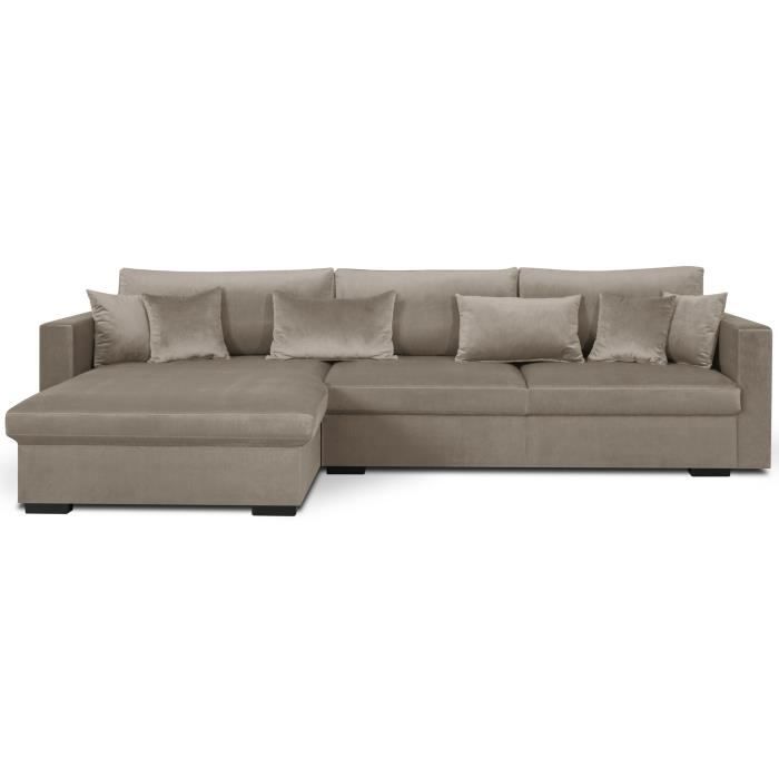 MALMA Canapé d'angle réversible convertible 5 places + Coffre de rangement - Tissu velours taupe - L 290 x P 103-173 cm