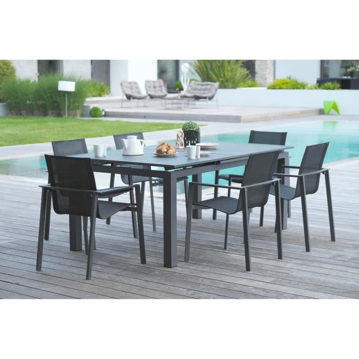 DCB GARDEN Table Miami en aluminium avec rallonge automatique + 6 fauteuils textilène - 180-240 x 100 cm - Gris anthracite