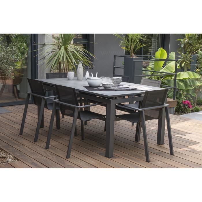 DCB GARDEN Table Miami aluminium et verre avec rallonge automatique + 6 fauteuils Miami - 180-240 x 100 cm - Gris anthracite