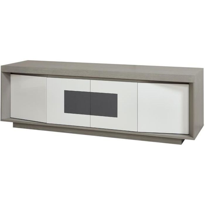 PLYMOUTH Meuble TV LED contemporain laqué blanc et placage bois chêne gris + insert en céramique gris - L 160 cm