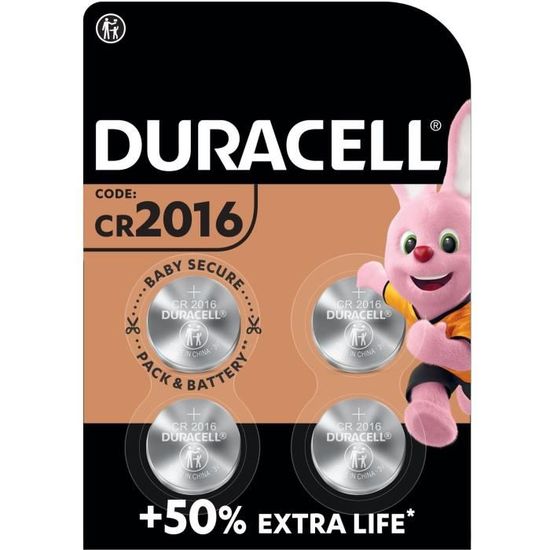 Piles boutons au lithium Duracell spéciales 2016 3V, lot de 4 (DL2016/CR2016)