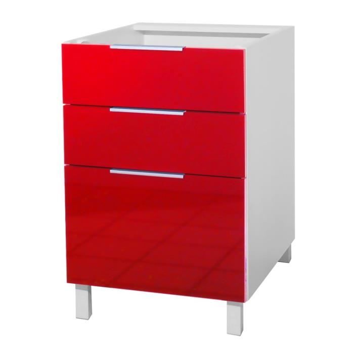 meuble bas de cuisine - rouge haute brillance - 60 cm - 3 tiroirs - fabrication française