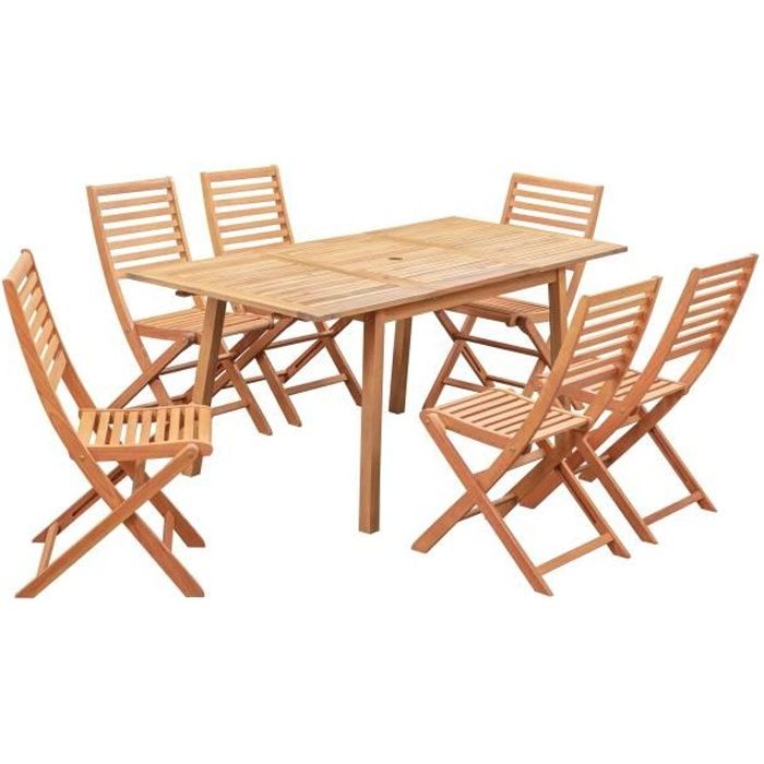 Ensemble repas de jardin 4-6 personnes - Eucalyptus FSC - Table extensible 120/180 x 80 cm + 6 chais