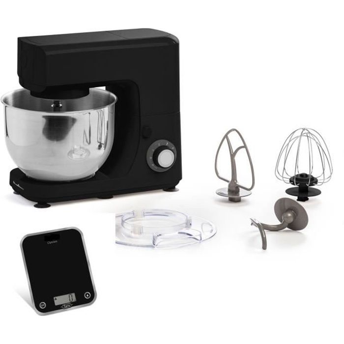 moulinex robot pâtissier, 800 w, bol 4.8 l, 6 vitesses + pulse, kit pâtisserie + balance de cuisine noire inclus, essential yy5176fg