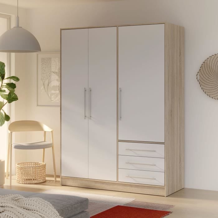 Armoire - 3 portes battantes + 2 tiroirs - L 145 x P 60 x H 200 cm - Décor blanc et chêne - JUPITER