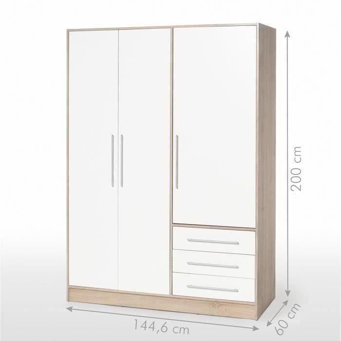 Armoire - 3 portes battantes + 2 tiroirs - L 145 x P 60 x H 200 cm - Décor blanc et chêne - JUPITER