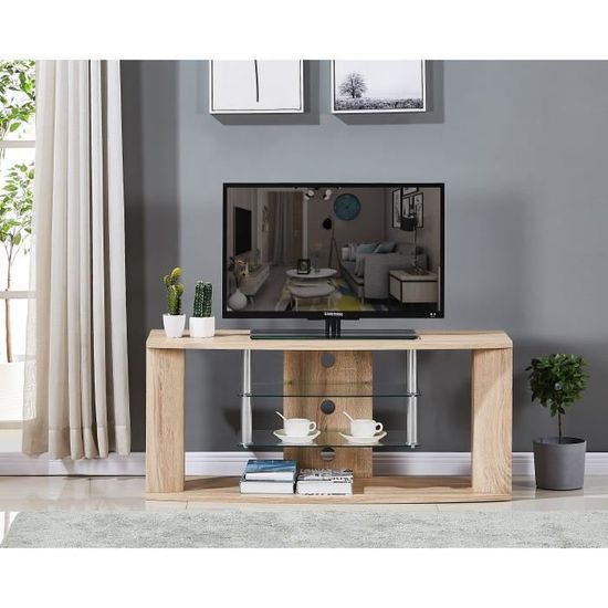 Meuble TV en bois décor sonoma naturel - Etagère en verre - L 119 x P 39,5 x H 50 cm
