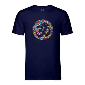 T-SHIRT T-shirt Homme Col Rond Bleu Aum Om Billes de Couleurs Meditation Inde
