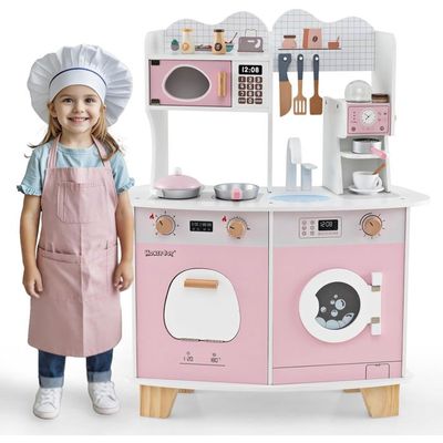 Cuisine D'Angle Enfant En Bois - Avec Lumières Et Sons - Four, Évier, Accessoires - Jeu D'Imitation Fille Garçon 3 Ans Et + - Rose
