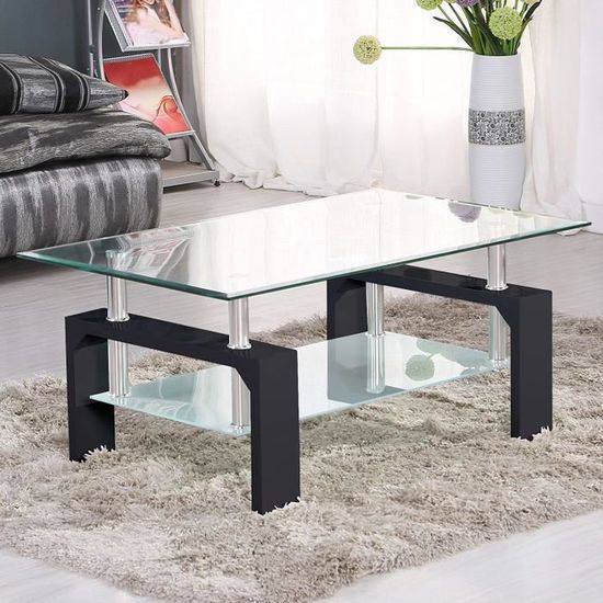 ubonheur table basse en verre et pied en bois table de salon moderne 100x60x45cm noir achat vente table basse ubonheur table basse en ver cdiscount