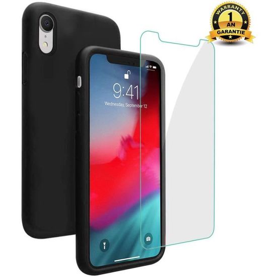 Coque iphone XR Noir Silicone Liquide Housse avec Ecran Verre