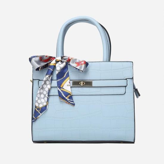 Sac à Main Bleu/bronze + Foulard Carré à Pompons Orange/écru - Occasion Peu Porté