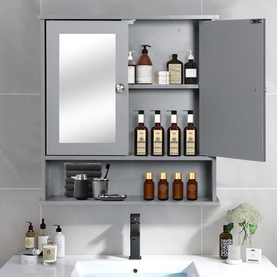INSMA Meuble de Salle de Bain Mural MDF - 2 Portes de Mirroirs Etagere Armoire WC Toilette Cabinet Rangement Cuisine GRIS NOEL