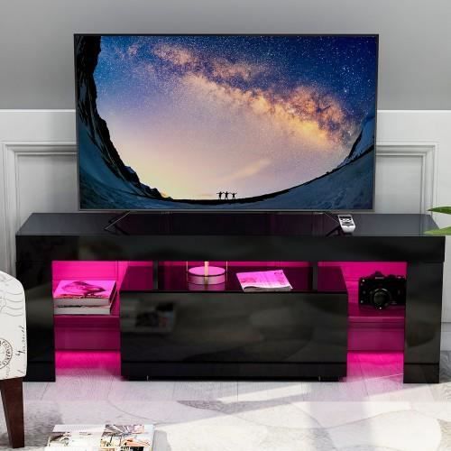Meuble TV / Banc TV -BIANKO -140 cm -Panneau MDF de Haute Qualité-avec LED -Style Moderne -Tablettes en Verre