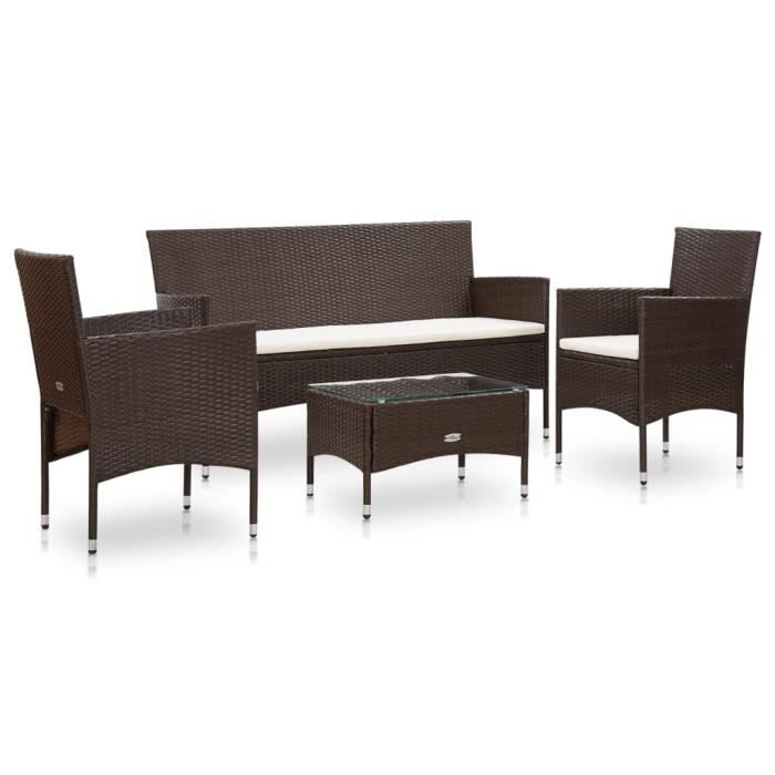 LUXE•7810 Salon de jardin 4 pcs avec coussins Résine tressée Marron Meuble de jardin Table avec Chaise Brun