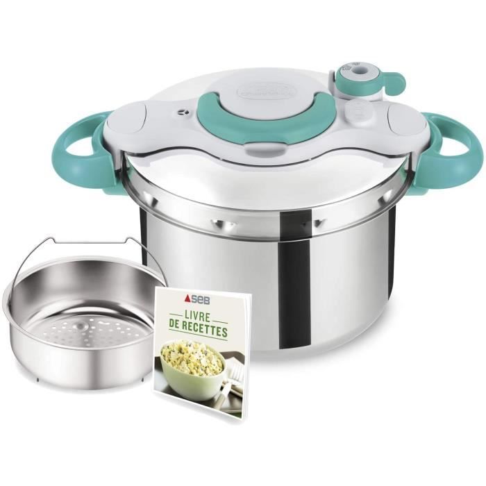 Seb Clipsominut' Easy Cocotte-minute 7,5 L Induction + Livre 100 Recettes Autocuiseur Inox Fabriqué en France Facile à Utiliser Bleu