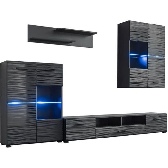 LUSIE - Unité murale style contemporain 4 pcs - Éclairage LED inclus - Mur TV - Ensembles meubles salon séjour - Gloss + Mat - Noir