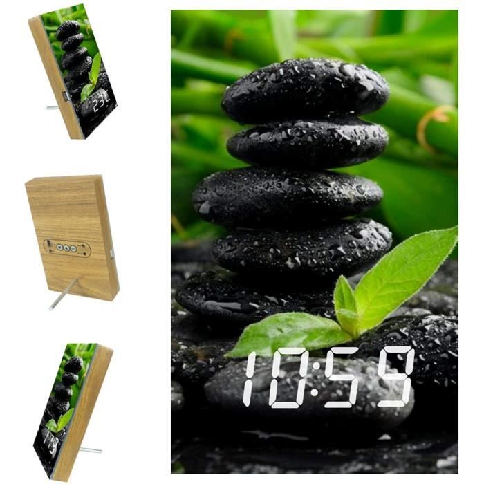 Reveil Digital pour Voyages Pierre de Bambou Zen Réveil Digital avec Ecran LED Heure Date Température Simple à