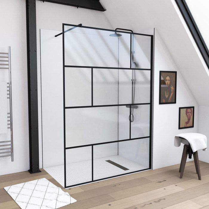 Paroi de douche à l'italienne sérigraphie type brique - dim. 140x195cm - Profilé noir mat - verre transparent 5mm - BLOCKS 140