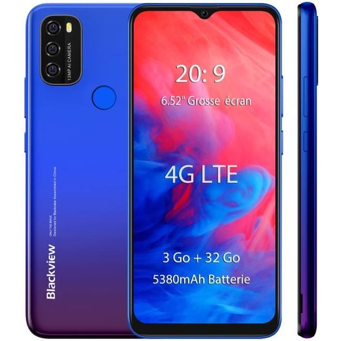 Smartphone 4G Débloqué Blackview A70 6.52'' Écran 32 Go Octa Core Android 11 Téléphone portable GPS 13MP Caméra Double SIM - Bleu