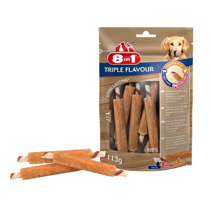 8in1 Triple Flavour Ribs à mâcher Premium aux Bœuf, Porc, Poulet - Pour chien de petite taille - 6 pièces