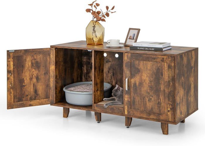 Comparer les prix de GOPLUS 3 en 1 Maison de Toilette pour Chat à 2 Portes avec Pieds Amovibles et Planche à Griffer Détachable, Style Industriel