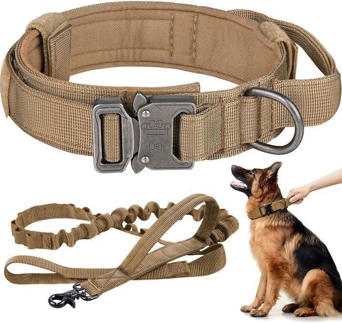 Comparer les prix de Collier Tactique Réglable Pour Chien Avec Poignée De Contrôle Et Boucle En Métal Livré Avec Une Laisse Élastique XL(50-62cm) Kaki