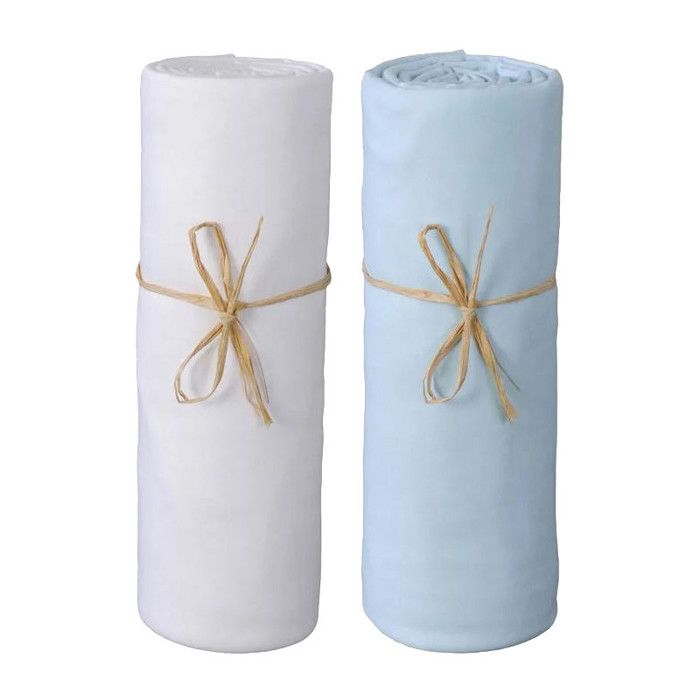 Lot de 2 Draps housse lit bébé 60 x 120 cm / 100% coton / 57 fils/cm² - 1 Blanc + 1 Ciel Lot de 2 Draps housse lit bébé 60 x 120 cm / 100% coton / 57 fils/cm² - 1 Blanc + 1 Ciel