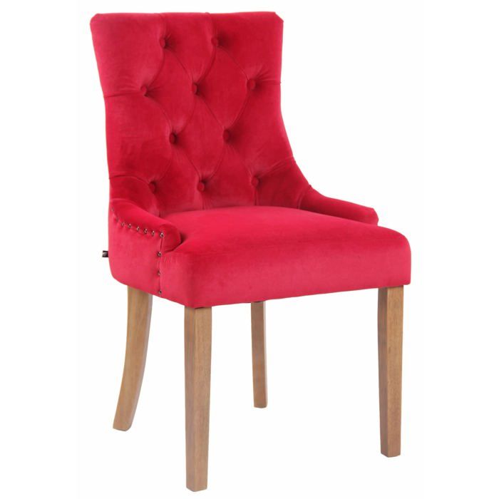Chaise de salle a manger x1 design antique capitonne en velours rouge avec 4 pieds en bois clair 10_0001939