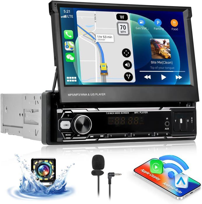 Autoradio 1 Din Avec CarPlay/Android Auto Sans Fil - Écran Tactile 7 Pouces, Bluetooth, Caméra De Recul
