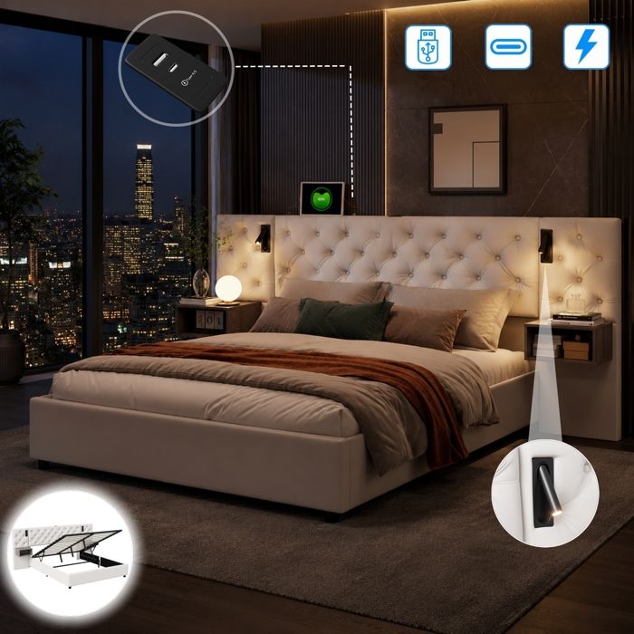 Lit coffre 140x200 cm, Lit double - Rembourré - Lampe de chevet USB