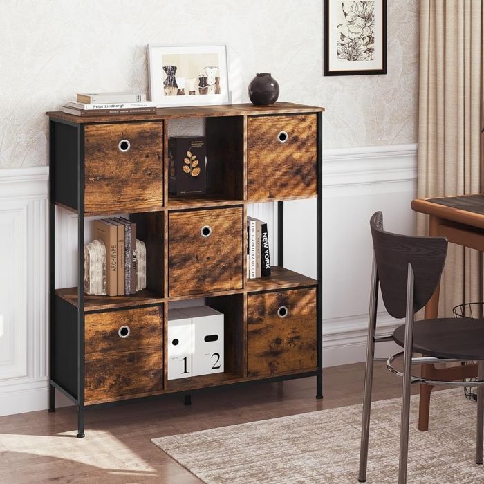 Bibliothèque WOLTU - Étagère Rangement - 4 Cubes Ouverts et 5 Tiroirs en Tissu - 90x30x100cm - Marron Rustique W0ITT5090