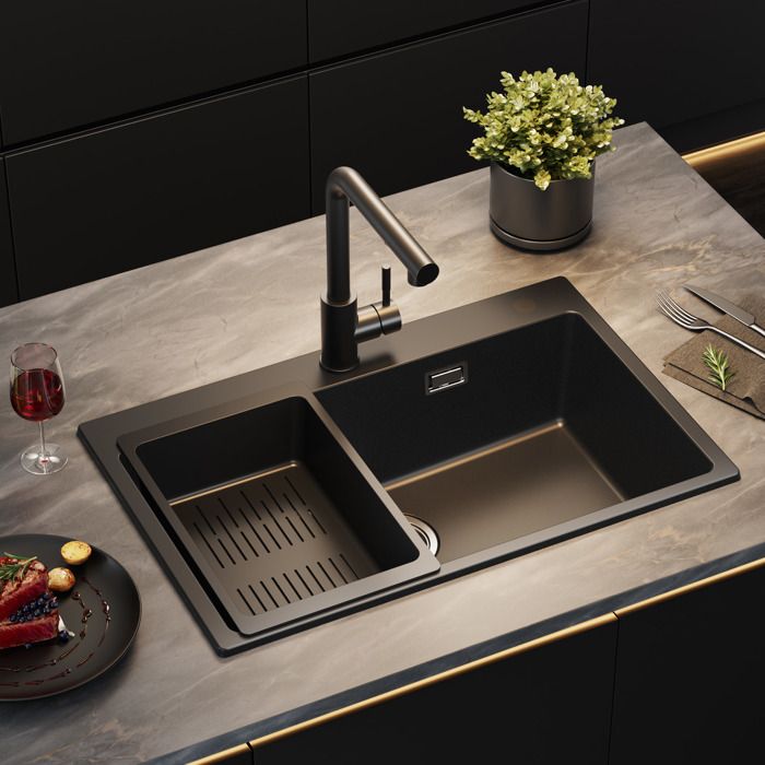 70x45CM Évier de Cuisine en Granit - Évier 1 Bac Noir avec Panier égouttoir - pour Armoire de 80 cm