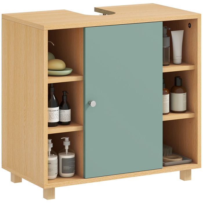 Meuble sous lavabo - HOMCOM - 6 étagères ouvertes et porte à fermeture amortie - lavabo avec/sans piédestal - 60 x 33 x 57 cm - vert