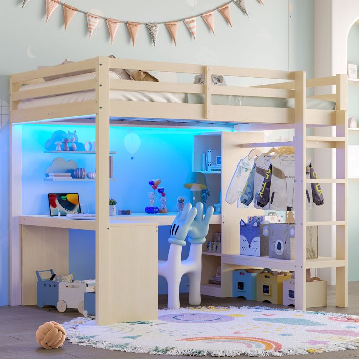 Lit mezzanine 140 x 200 cm avec éclairage LED et port USB bureau sous le lit placards de rangement et porte-manteau Naturelle