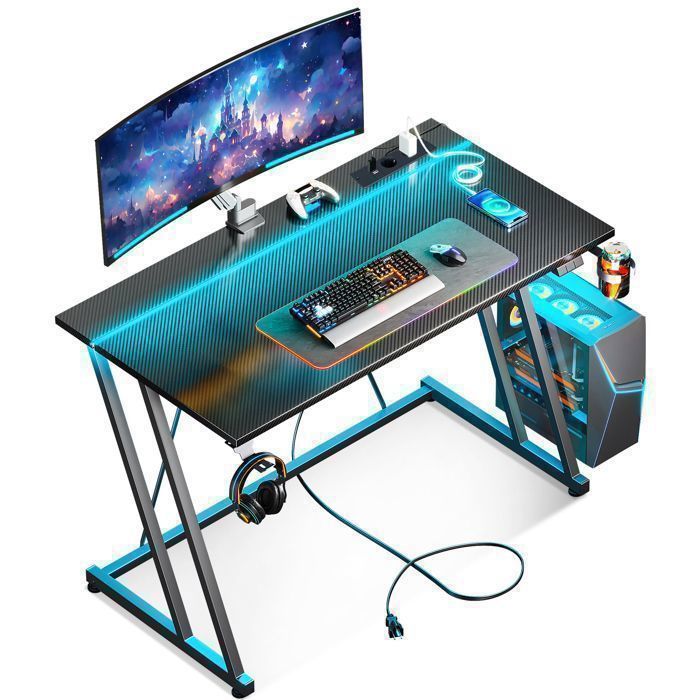 Bureau Gamer Avec LED RGB – 120x48 Cm – Plateau Fibre De Carbone – Tiroir, Étagère, Patère Casque – Noir