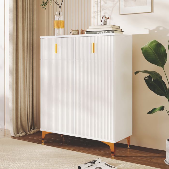 Buffet 83x35x101cm - Avec 2 portes et 2 tiroirs - Étagères réglables + garniture dorée - Blanc