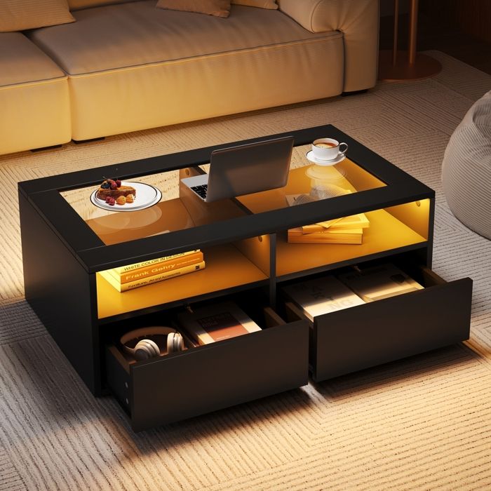 Table Basse  avec lumière LED Table de Canapé avec 2 Tiroirs et Espace de Rangement Ouvert Table dappoint de Salon en Verre