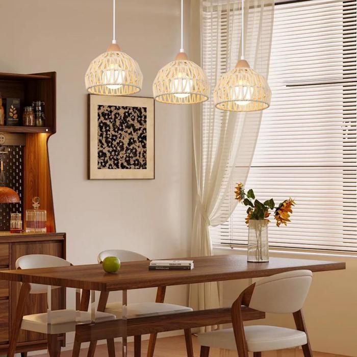 ElektraH Lustre Suspension Vintage Moderne Lampe Plafonnier en Bois Rotin Blanc E27 Luminaire Eclairage Design Cage Réglable