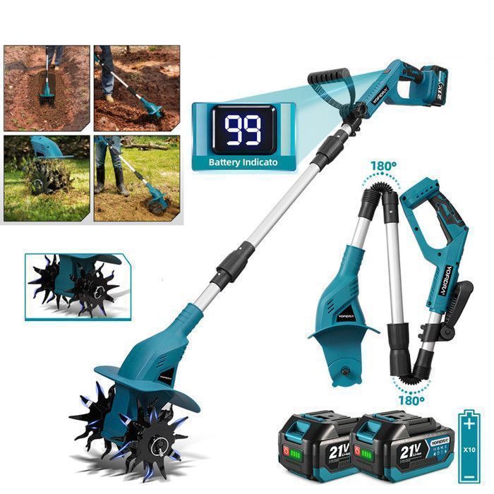 Motoculteur électrique sans fil 21V Motobineuse 4-pales 20cm Largeur 15cm Profondeur 2X 3000mAh Batteries
