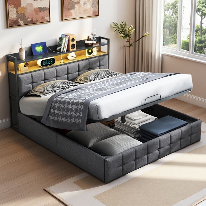 Lit coffre - 140x190 cm - Rembourré lin gris - LED intégrée - Rangement sous sommier
