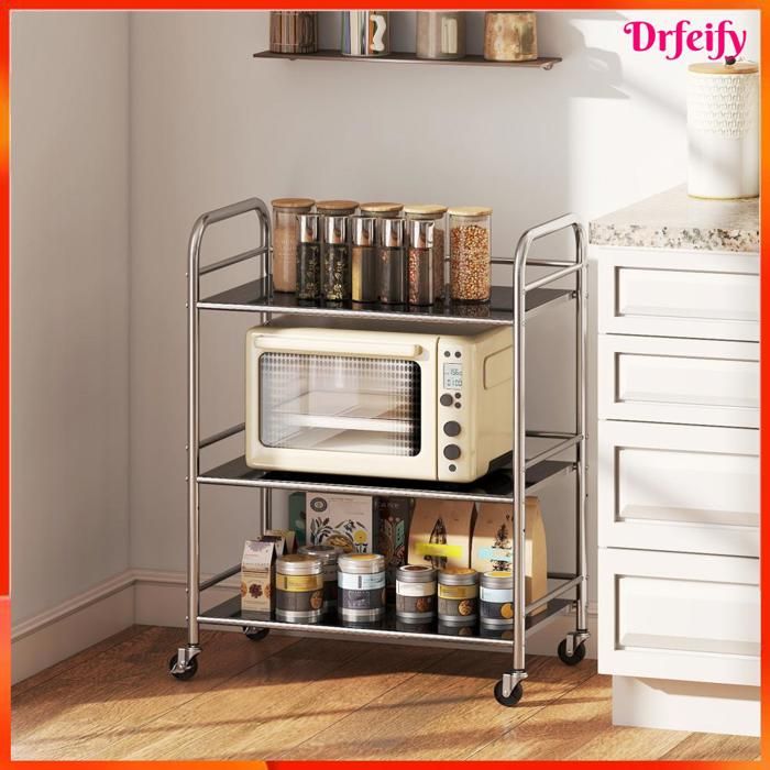 Desserte cuisine - AKOZON - 12386 - Inox 201 - 3 niveaux ajustable - 4 roues (2 freins)