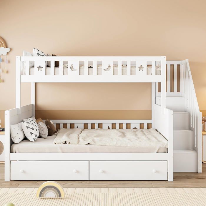 Lit enfant 90/140x200cm avec escalier de sécurité lit superposé avec sommier à lattes avec tiroirsBlanc (sans matelas)