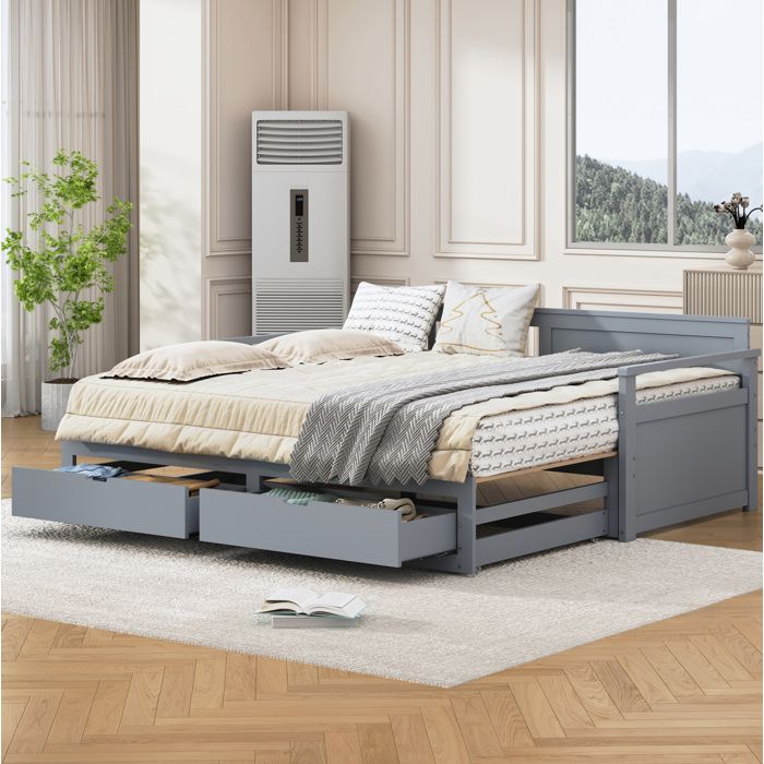 Lit de jour 2-en-1 extensible avec tiroirs et lit gigogne bois massif gris