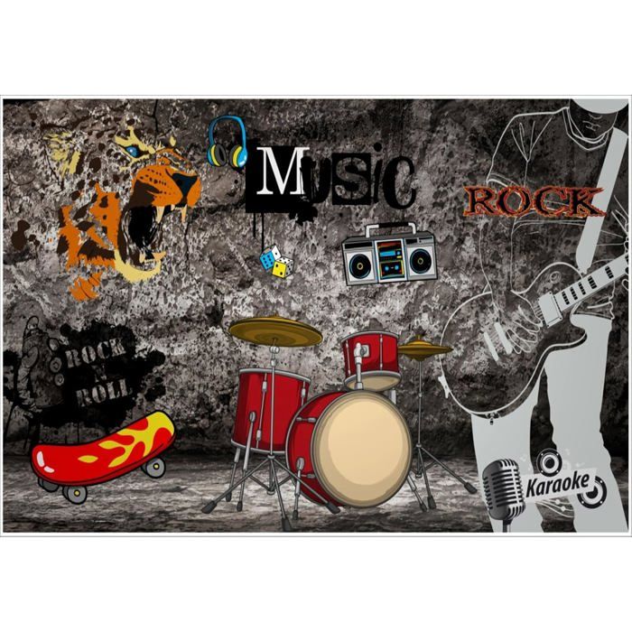 Papier Peint Panoramique Graffiti Rock Musique Guitare Étagère Batterie Fond Mur 350x245cm Salon Chambre Poster Geant Mural