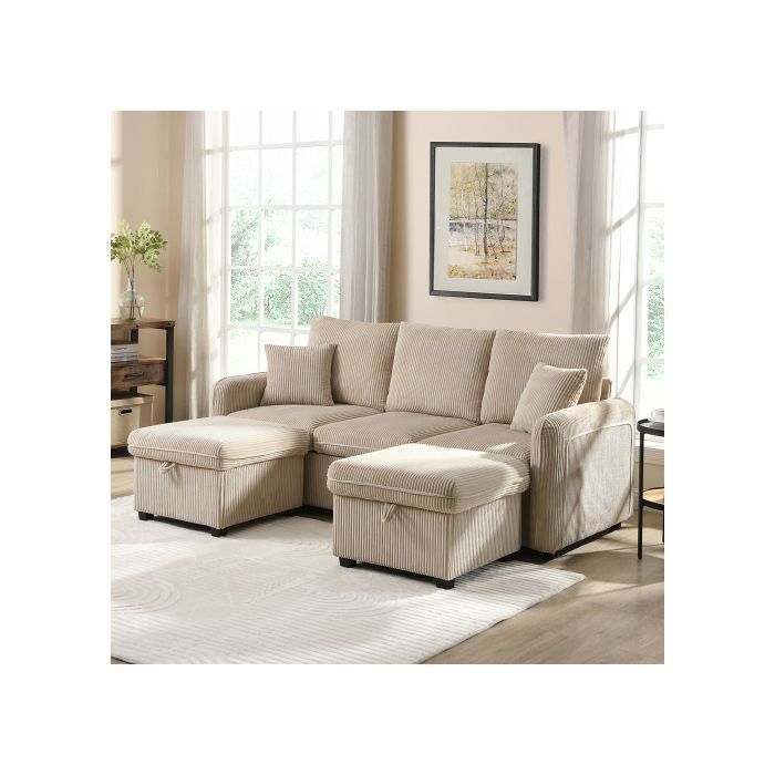 Canapé modulable 188x186x86cm Beige - 3 Places Velours Côtelé Fonction Lit Pouf Coffre et 2 Tiroirs de Rangement.
