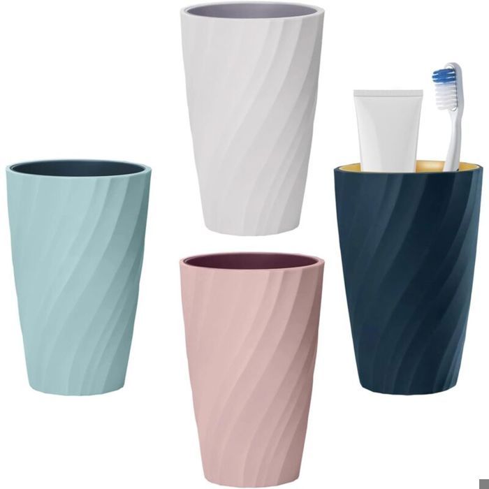 Lot de 4 gobelets de salle de bain 400 ml en plastique design style nordique solides et résistants aux chutes adaptés aux adu
