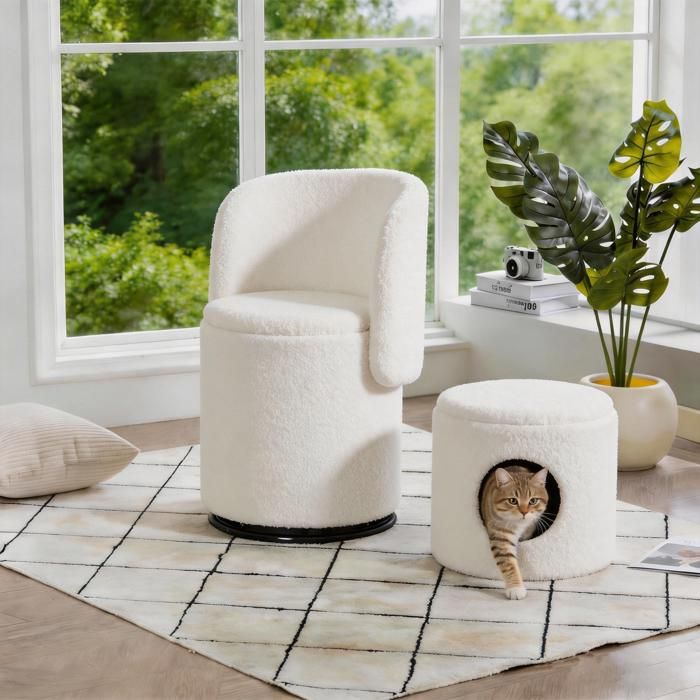 Fauteuil pivotant 1 place EVRYAE - rotation 360 et rangement intégré usage coiffeuse et salle à manger - Blanc