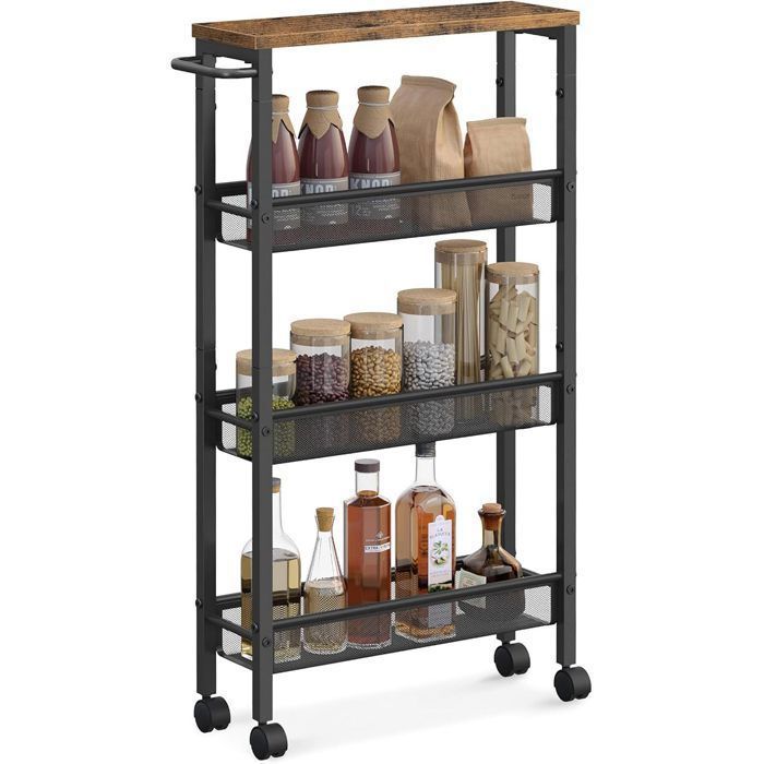 Chariot de Rangement Étagère 4 Niveaux 13 cm Étroit avec Roulettes Noir + Brun pour Cuisine Salle de Bain Bureau
