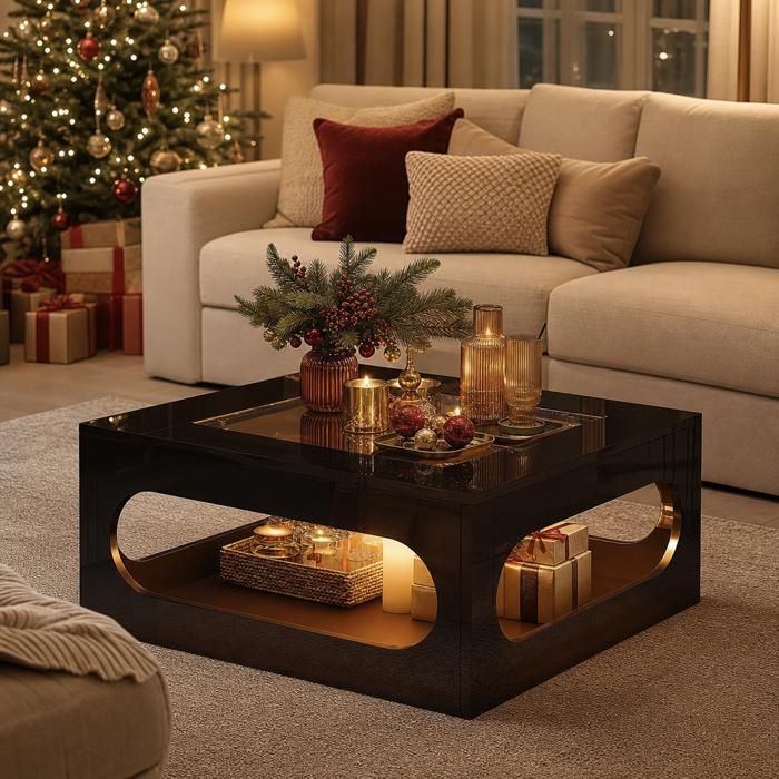 Table basse - Zephmum - 70x70x35 cm carré creux centre verre trempé brillant LED noir MDF